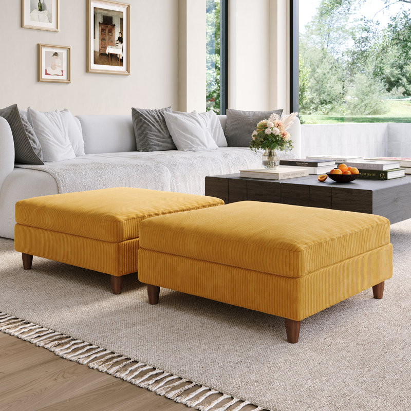Upholstered Orange Square Corduroy Ottoman with Solid Wood Legs, Ottoman Modular Part For Sectional Sofa, Orange