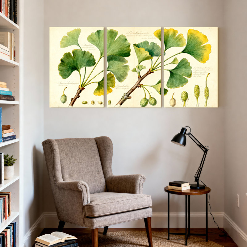 «Ginkgo Leaf», impression botanique sur toile, style Illustration scientifique rétro (ensemble de 3), H 36 po x l 72 po