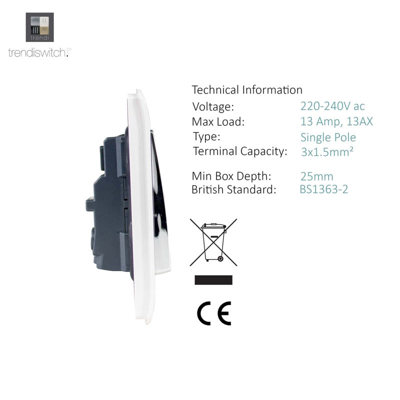 Trendi Switch 1 Gang 13 Amp Switched Plug Socket, White
