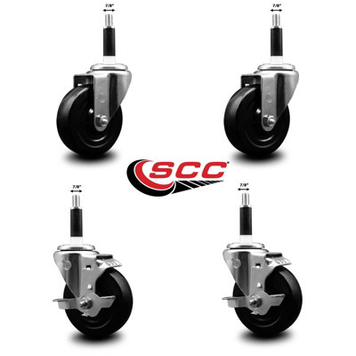 Soft Rubber Wheel Swivel Expanding Stem Caster Set 2 Brakes SCC TLB 4" x 7/8"