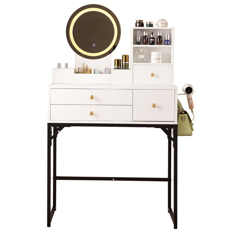 Meuble-lavabo moderne avec miroir lumineux, prise de courant, 4 tiroirs, armoire, table blanche lumineuse