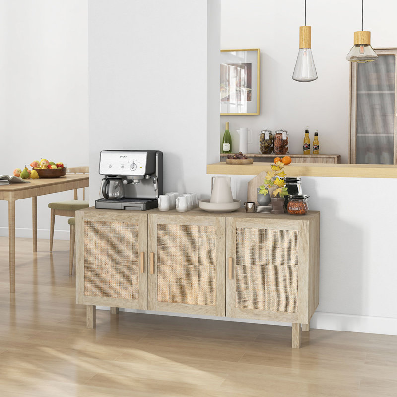 Sideboard Buffet Cabinet, Kitchen Cabinet, Coffee Bar Cabinet With 3 Rattan Doors And Adjustable Shelves, Natural