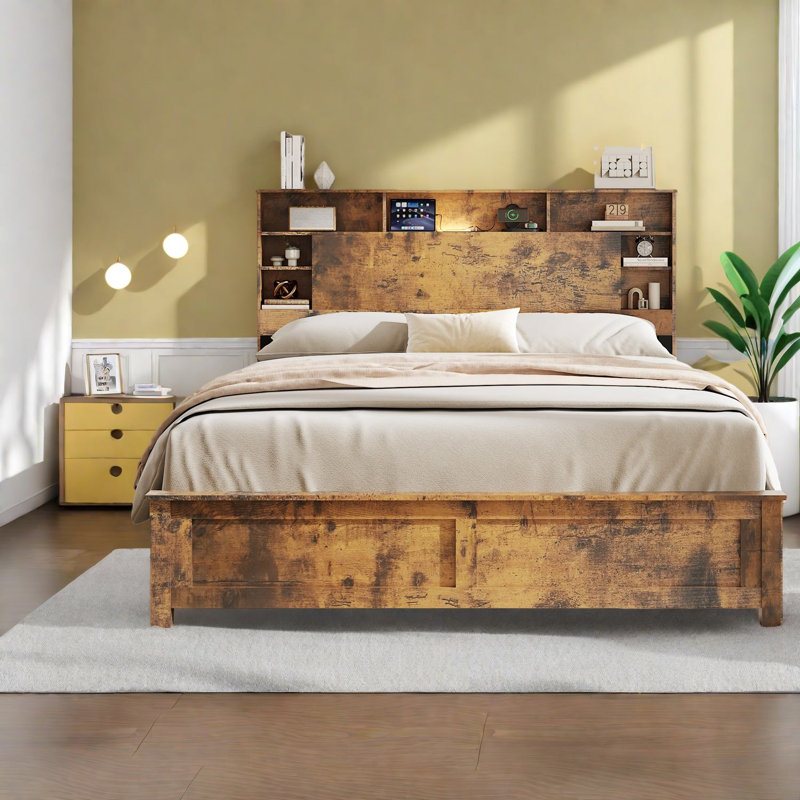 Lit Queen en bois gain de place avec tête de lit de rangement, style moderne