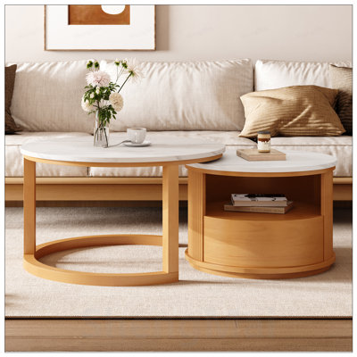 Table basse ronde emboîtable avec plateau en placage de marbre, rangement à 2 niveaux et 1 tiroir pour la vie moderne