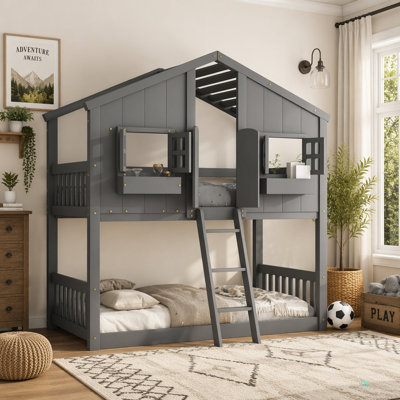 Twin over Twin House Bunk Bed with Roof , Window, Window Box, Door , with Safety Guardrails and Ladder
