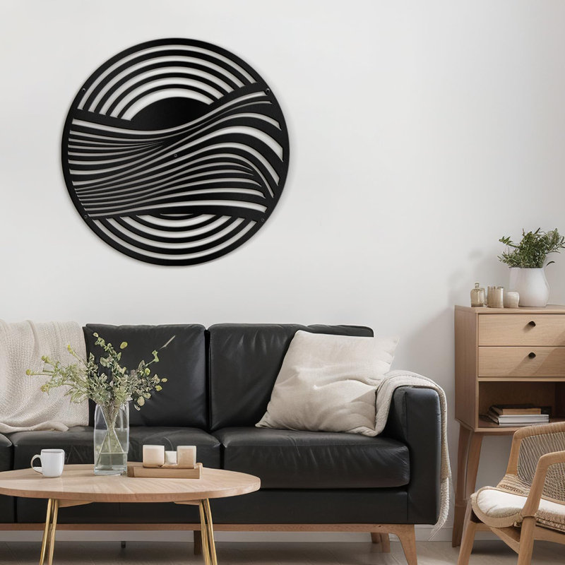 Cercle noir rayé minimaliste moderne abstrait décoratif décoratif suspendu, H 24 po x l 24 po x P 0,05 po, Noir