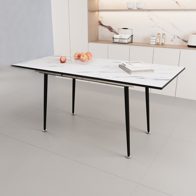 Table de salle à manger extensible 47 po à 63 po, marbre blanc scintillant, industrielle moderne pour la cuisine et la salle à manger, avec pieds en métal noir