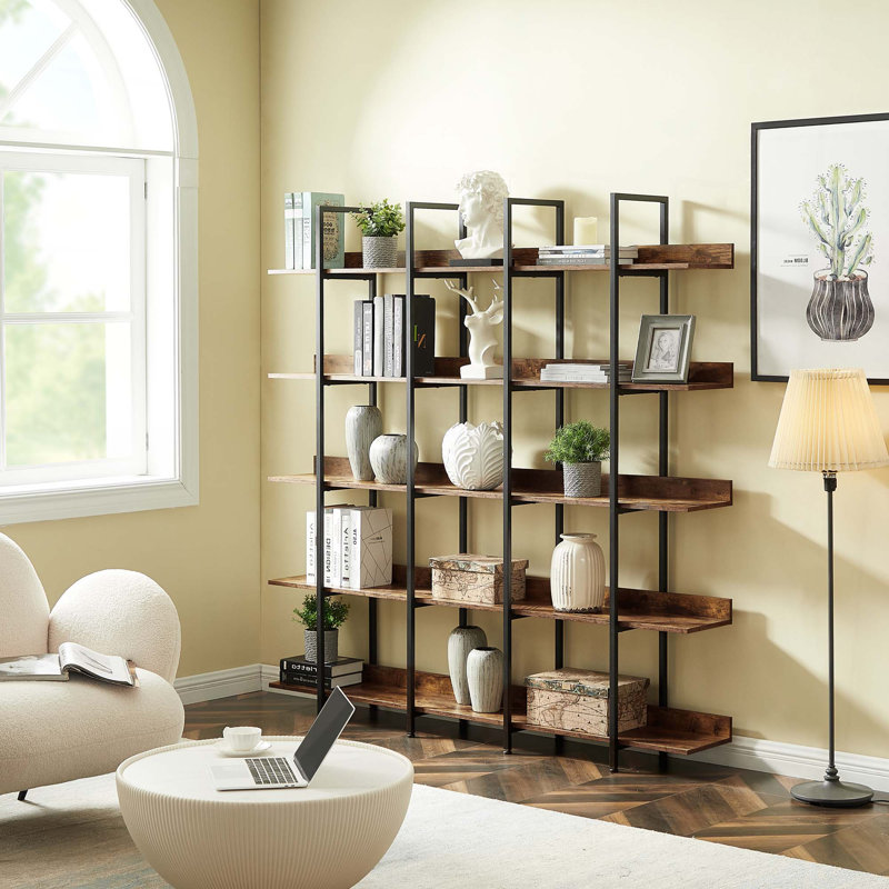 Bibliothèque à 5 niveaux avec bureau ouvert, tablette de style industriel rétro avec structure en métal, Brun