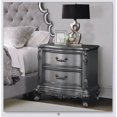 Antique Platinum 2-Drawer Nightstand with Felt-Lined Top Drawer and Dovetail Construction for Elegant Storage