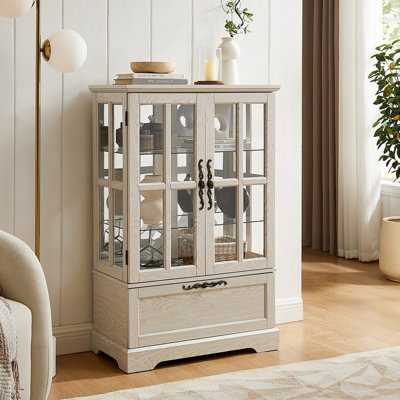 White Display Cabinet with Full-Color RGB Light Strip and Flip-Top Drawer,Freestanding Storage Bookcase for Dining Room,Living Room,Bedroom and Entryway