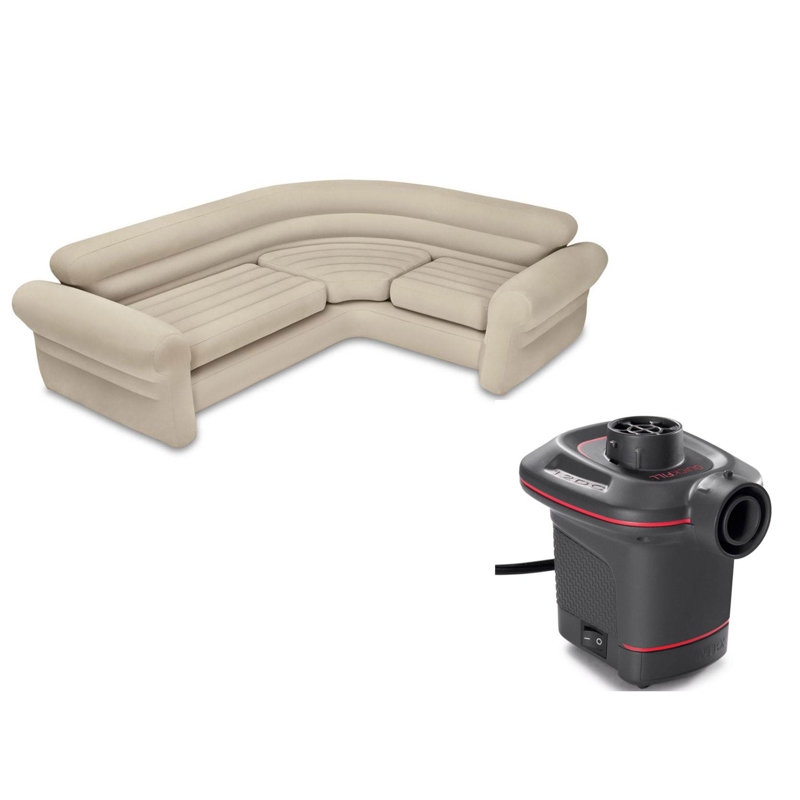 Intex Inflatable Corner Sectional Sofa w/ 120V Quick Fill AC Electric Air Pump, Beige