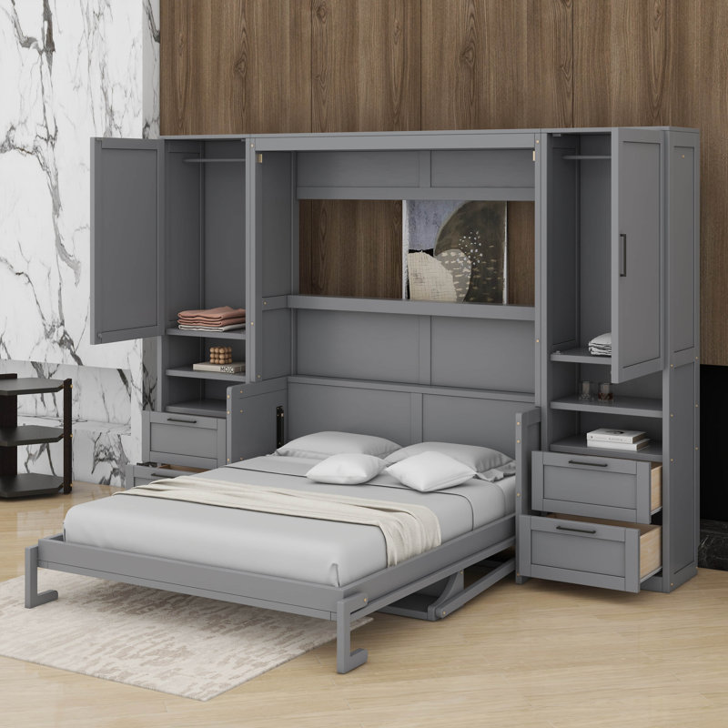 Lit escamotable double avec tiroirs, placard et tablettes, gris, Double
