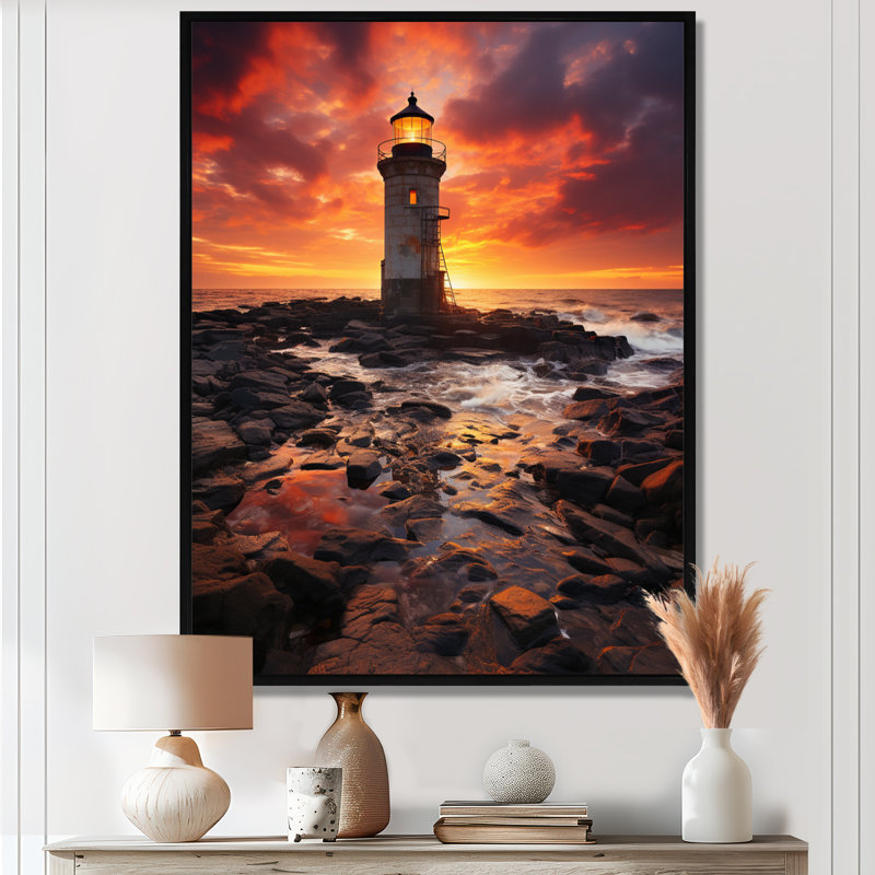 Phare sur le rocher essaim rouge océan coucher de soleil - art mural phares, Toile avec cadre flottant noir