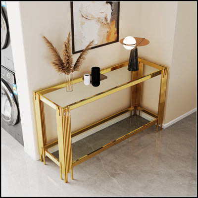 Console en verre trempé double couche supérieure et inférieure avec cadre en acier inoxydable à finition miroir pour un décor moderne