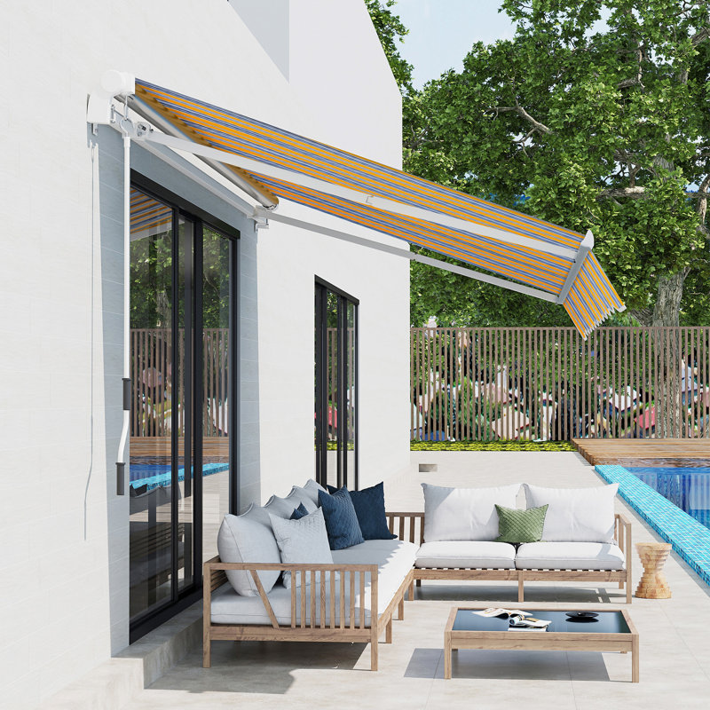 8' X 6.6' Patio Retractable Awning, Manual Exterior Sun Shade Deck Window Cover, Mixed Color, 49.3" H x 98.5" W x 78.8" D