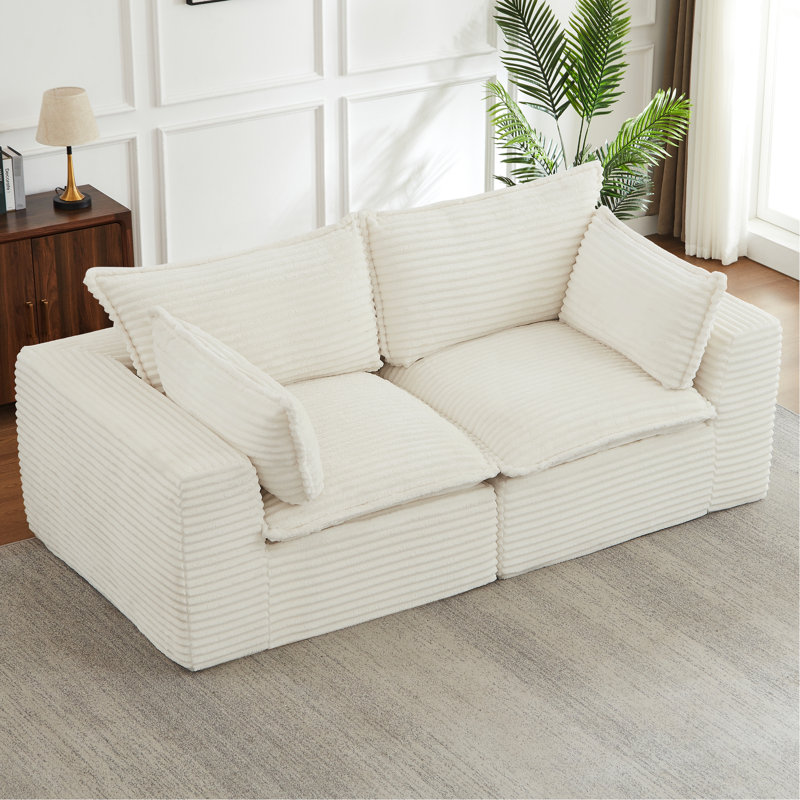 Canapé d'angle infonuagique sans os pour salon, confort moderne, tissu en velours côtelé résistant, blanc, 2 places, aucun assemblage requis, déballez-le, surdimensionné, détente immédiate