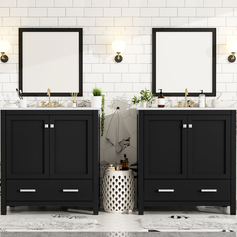 Meuble-lavabo double 60 po, lavabos, rangement intégré, espace de rangement spacieux, tablette de rangement, esthétique moderne