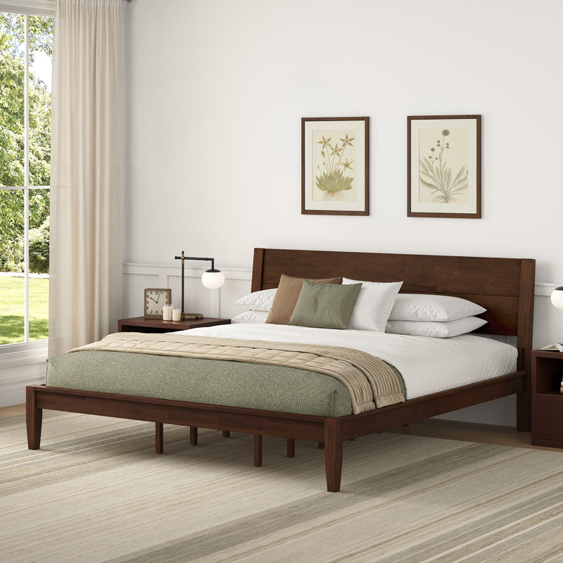 Mid-Century Modern Design Solid Rubberwood Bed Frame, No-Tool Quick Assembly Mortise And Tenon Structure, King, Dark Walnut
