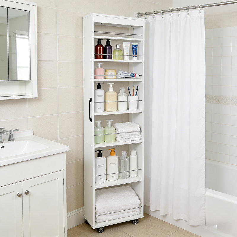 Armoire de rangement roulante mince avec tablettes à 7 niveaux, organisateur de salle de bain coulissant haut et étroit de 71 po sur roulettes avec poignée