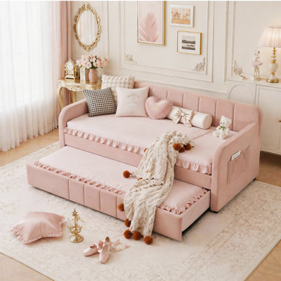 Double Size Upholstered Daybed Frame with Pull Out Trundle Bed, Slatted Sofa Bed with Side Storage Pocket for Guest Room Living Room