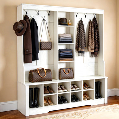 Hall Tree with Storage Bench, Shoe Storage, Hooks & Shelves, Entryway Coat Rack Organizer