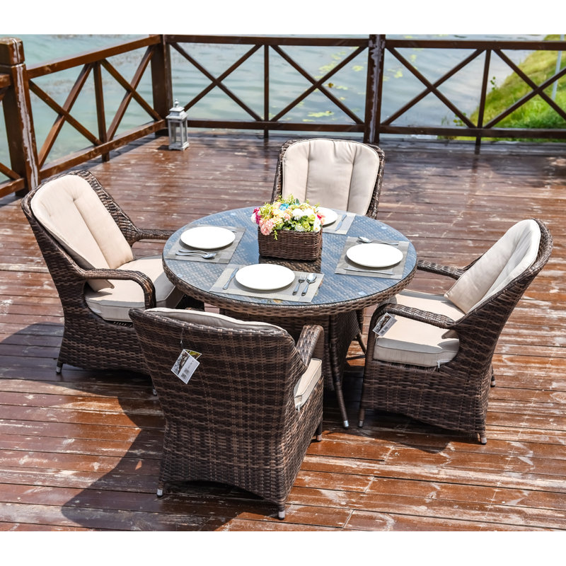 Brown Wicker 5-Piece Round Outdoor Dining Set with Beige Cushions