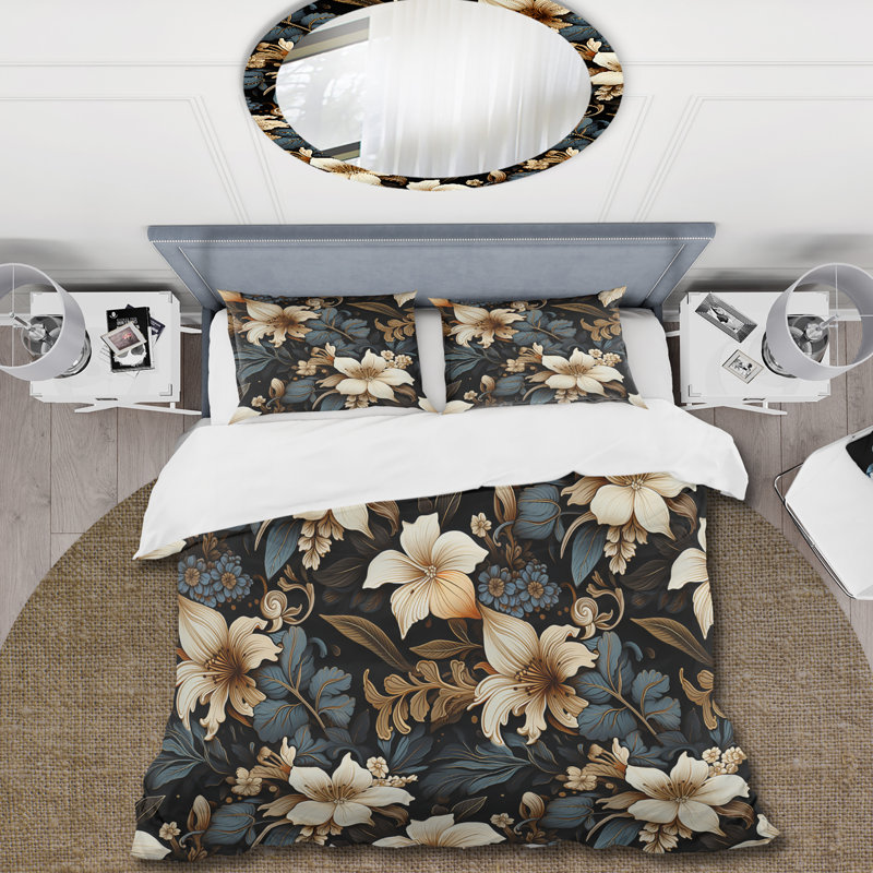 Vintage Noir Moody Patterns II Floral Duvet Cover, Queen Duvet Cover + 2 Standard Shams