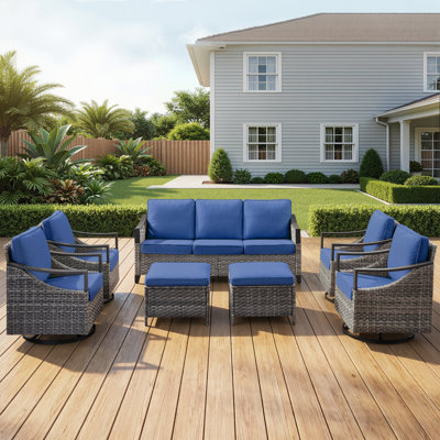 7-Piece Outdoor Rattan Backyard Family Iron Armrest Conversations Set With Ottomans And Swivel Chairs