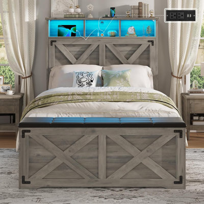 Base de lit simple en métal de style campagnard, lit plateforme brun antique avec tête de lit à DEL, station de charge et repose-pieds de rangement, lit robuste pour chambre d'ado