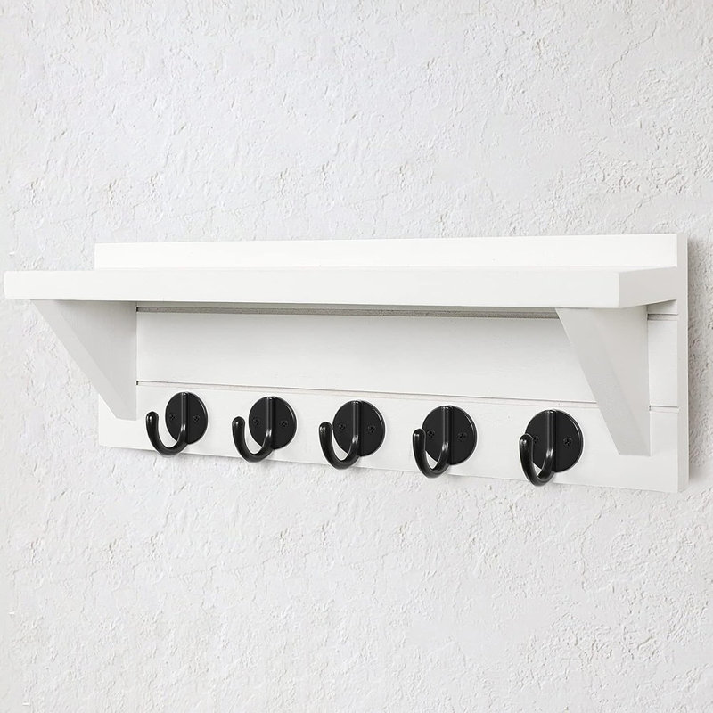 Wall Key Holder With Hooks, Rustic Wooden Entryway Shelf Holds K...