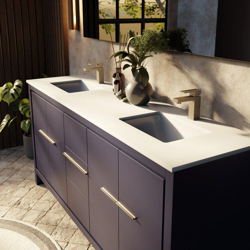 Lafarre 72 in W x 20 in D Double Bath Vanity and Gun Metal Faucet Set, Navy Blue, White Quartz