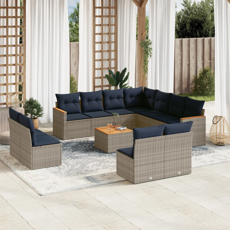 Ensemble de canapé de patio 12 pièces avec coussins en rotin de polyester, Marine, Gris