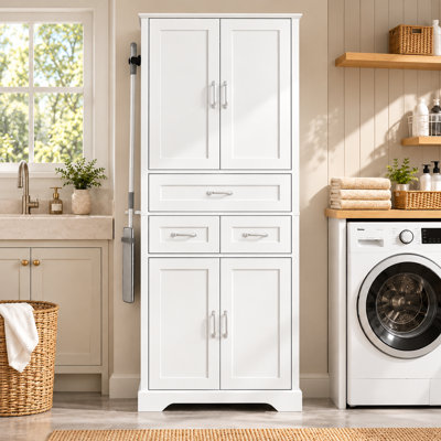 Grande armoire de rangement pour salle de bain, tour à linge autoportante avec 4 portes et 3 tiroirs, tablettes réglables, organisateur de salle de bain blanc avec crochet en alliage d'aluminium pour la salle de lavage