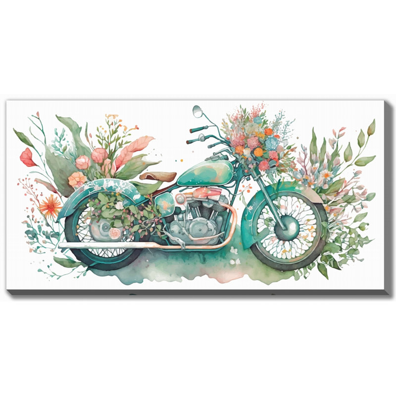 Motocyclette florale II, art mural sur toile, H 20 po x l 40 po