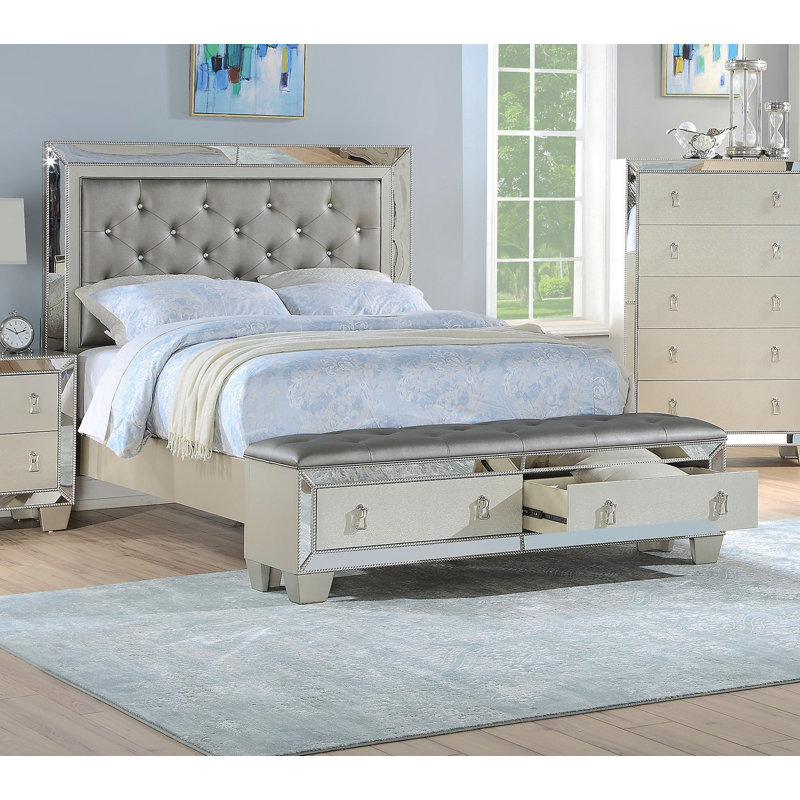 Glam Luxurious 1Pc California King Size Bed W Drawers Footboard Silver Mirror Accents Tufted Headboard Bedroom Furniture