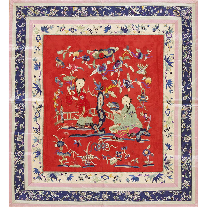 Vintage Textile Chinese Allover Floral Red 1950s Rug