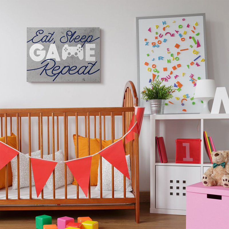"Eat Sleep Game Répétition" par Daphne Polselli, reproduction de jeu vidéo encadrée, H 24 po x l 30 po x 1,5 po, Toile tendue