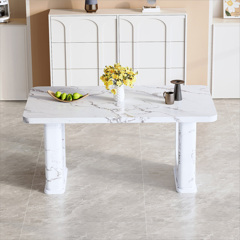 64.5 x 35.4 Inch Stylish Marble Textured Dining Table, Perfectly Blending Simplicity And Transparency. Made of MDF Material