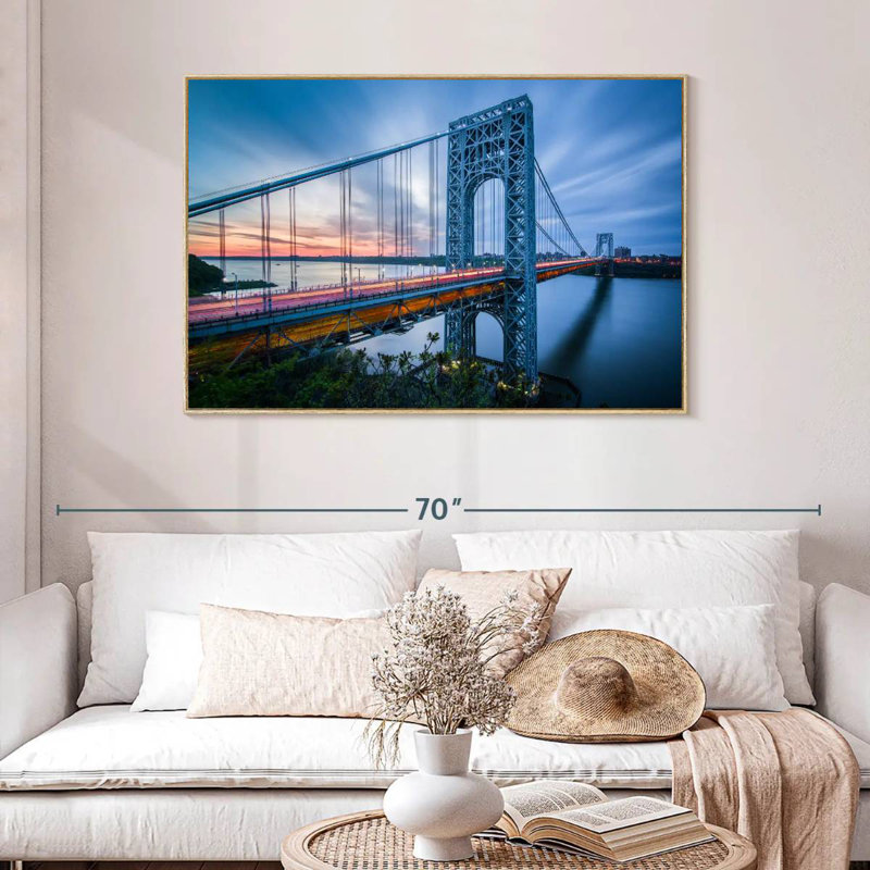 Pont George Washington à l'aube, 46 po x 31 po, Cadre flottant en bois naturel