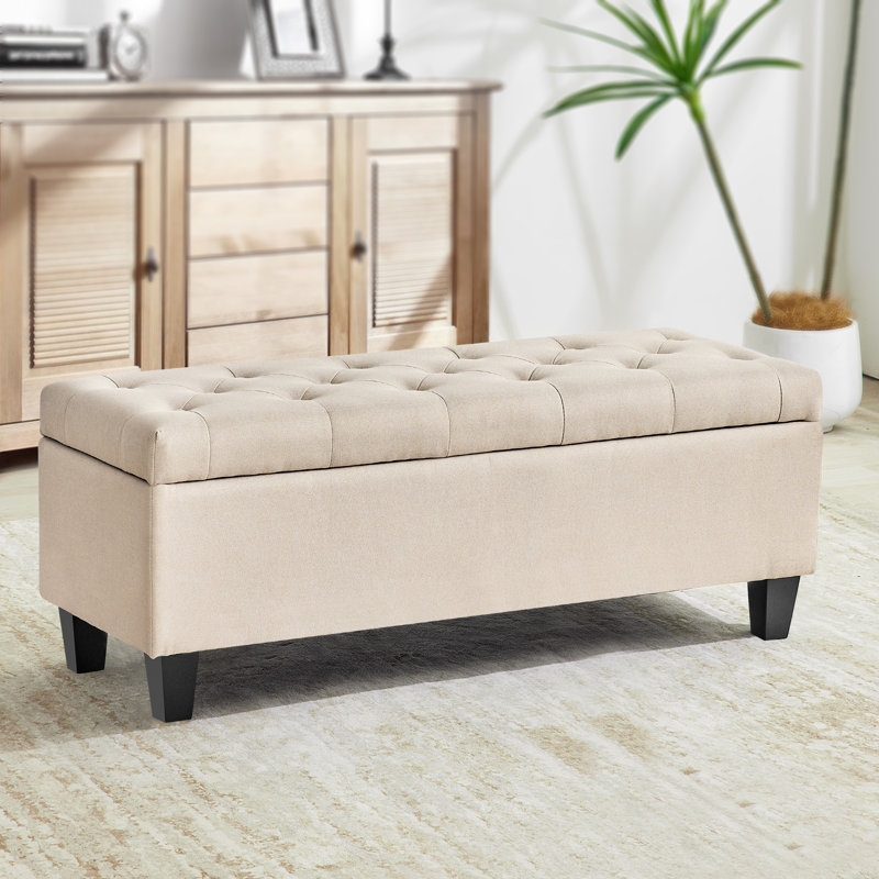 Jalob 42'' W Storage Ottoman Bench, End of Bed Storage Bench, Button Tufted Fabric Storage Ottoman, Solid Wood Leg, Safety Hinge, 330 LBS Load, Ottoman with Storage for Bedroom Living Room Entryway