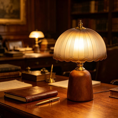 Lampe de table en bois de noyer massif avec abat-jour en verre givré festonné, lampe de chevet moderne de style Mid-Century avec DEL à intensité variable 3 couleurs, éclairage décoratif pour la chambre à coucher, le salon et le bureau personnel