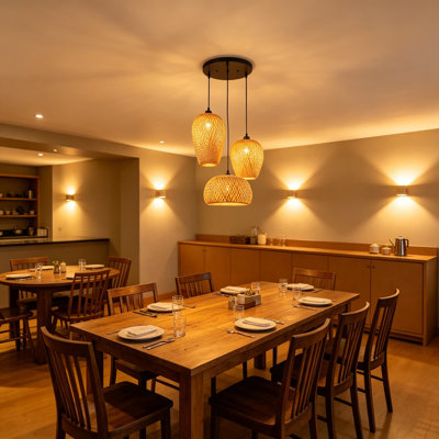 Luminaire suspendu en rotin 3 lumières en rotin, abat-jour panier en osier tissé à la main, lustre boho pour îlot de cuisine de salle à manger, cordon réglable