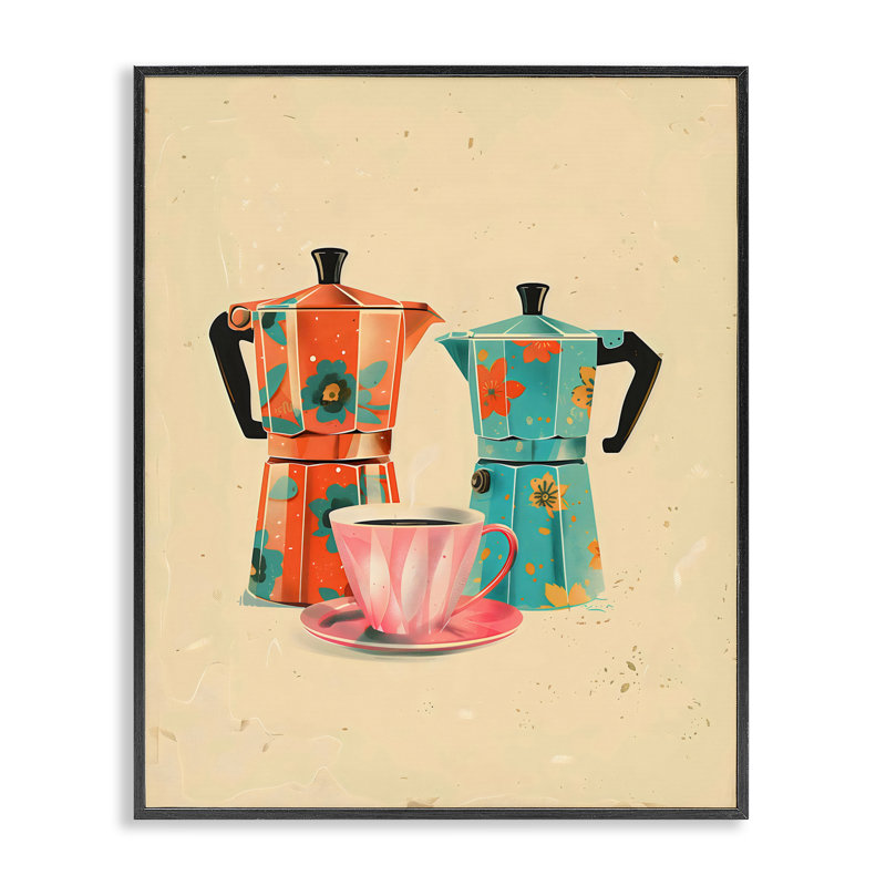 «Retro Morning Moka Pots», estampe numérique, design par Arlington Prints, H 14 po x l 11 po, Giclée encadrée noir minuit