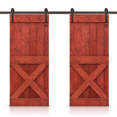 Panelled Wood Stained Mini X Series Double DIY Barn Door With Sliding Hardware Kit