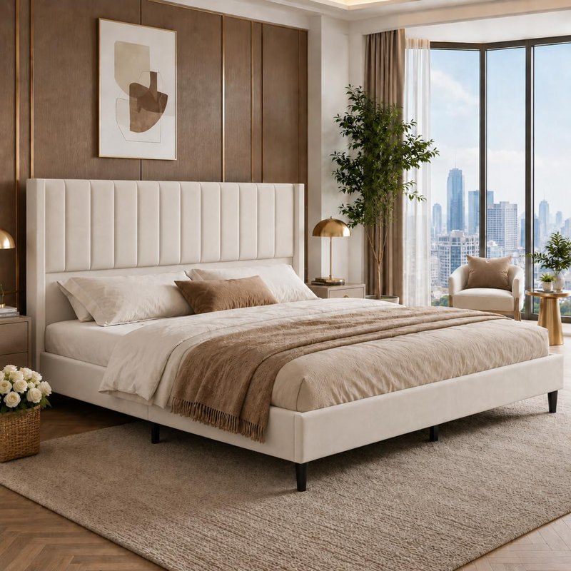 Structure de lit très grand en velours avec tête de lit à oreilles de 52 po de hauteur, espace de rangement beige sous le lit, tête de lit haute, style Morden, assemblage simple, dossier rembourré confortable