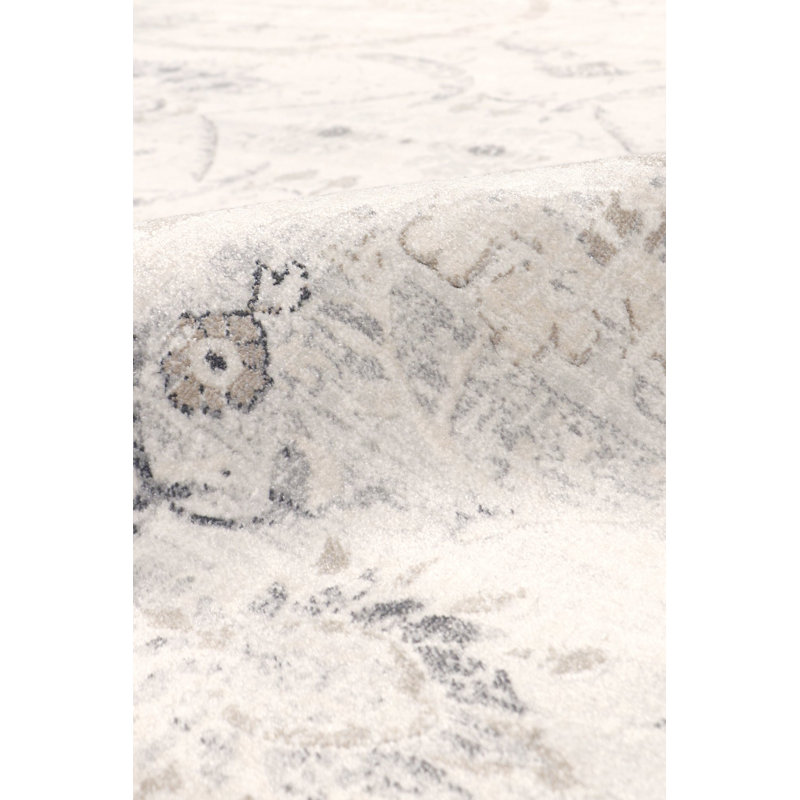 Ivory and Silver Round Stain-Resistant Synthetic Rug