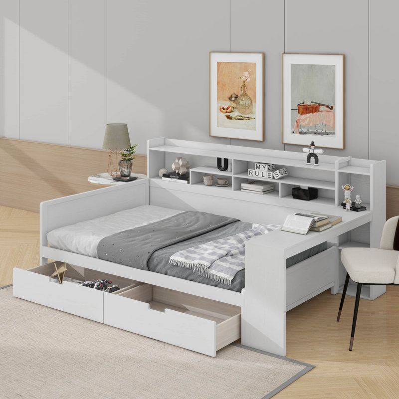 Lit de jour double avec tablettes de rangement, lit multifonctionnel avec deux tiroirs de rangement et bureau d'étude