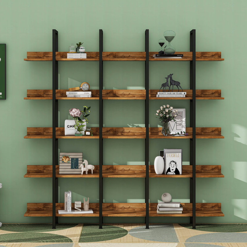5 Tier Bookcase With Metal Frame, Open Book Display Shelf, Brown