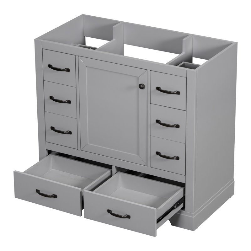 Armoire de salle de bain moderne, grise, 6 tiroirs, tablette réglable, base d'armoire en bois massif, Gris