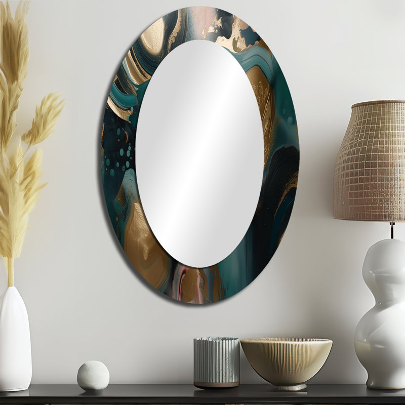 Or et vert marbré Euphoria I - miroir mural ovale moderne doré, 36 po x 24 po